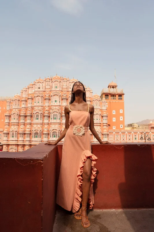 Shop Before It’s Gone!FRANCINE LONG DRESS NUDE WITH RAFFIA BELT