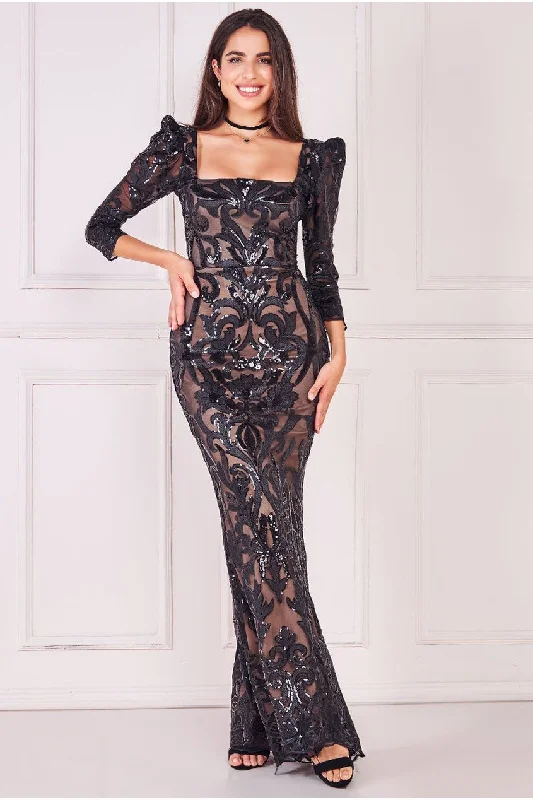 Get Ready to Save!Goddiva Square Neck Scalloped Lace Maxi - Black