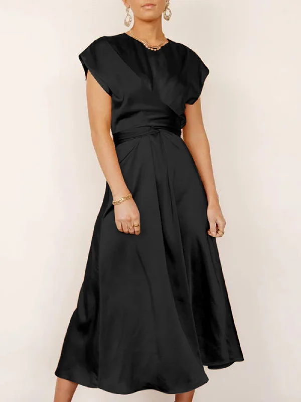 Unlock Huge Savings Now!Juliet Cross Sashes Solid Satin O-Neck Sleeveless Long Dress