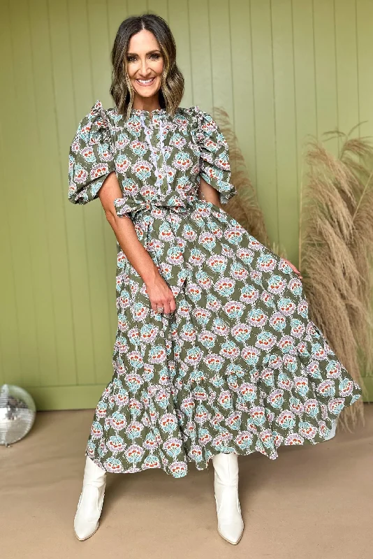 Special Discounts Inside!Karlie Olive Floral Printed Ruffle Sleeve Tiered Tie Waist Maxi Dress