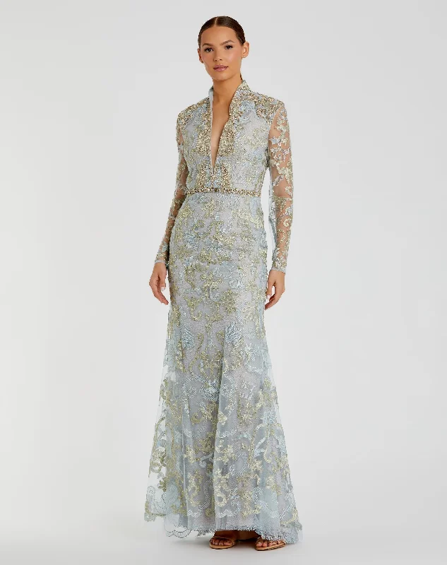 Save Money, Shop Happy!Long Sleeve Applique V-Neck Gown
