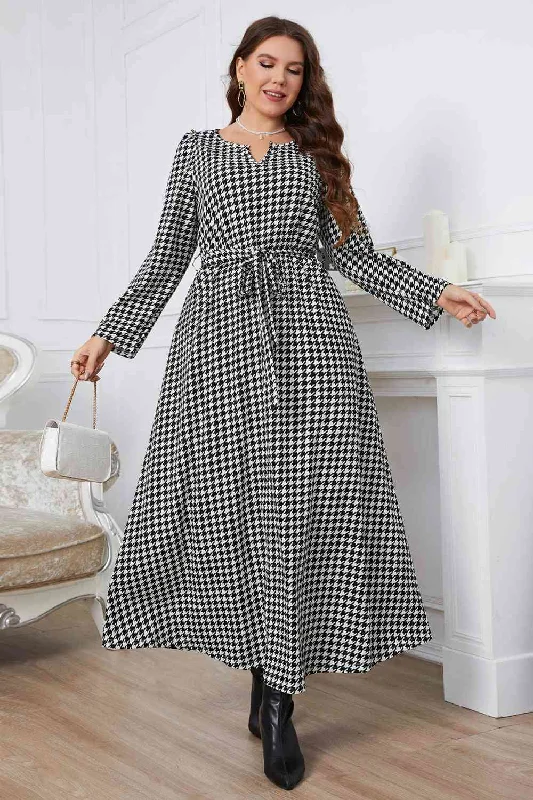 Special Offer – Act Fast!Melo Apparel Plus Size Notched Neck Houndstooth Tie Belt Maxi Dress