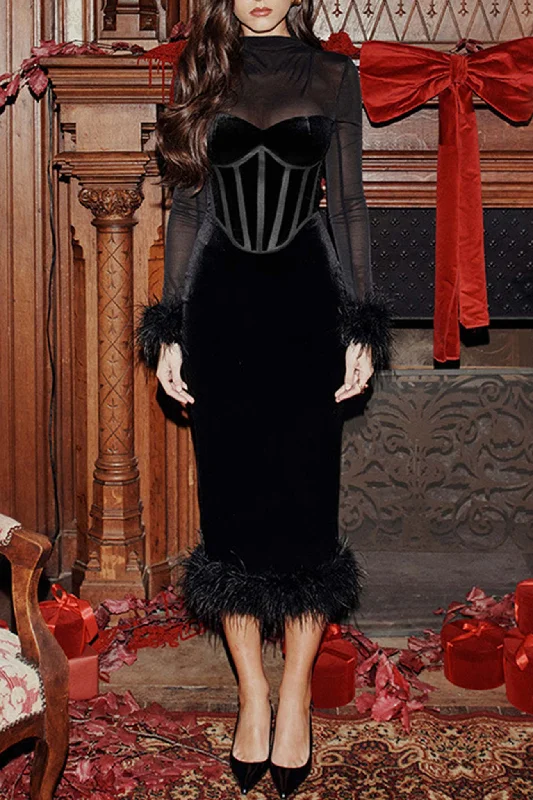 Act Fast – Limited Time Savings!Mesh Velvet Patchwork Fuzzy Hem Slit Dress