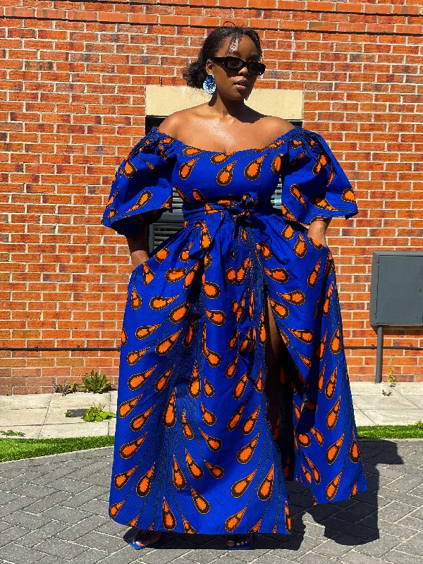 The Best Deals Won’t Wait!Nimi Ankara Off Shoulder Maxi Dress | Blue and Orange African Print