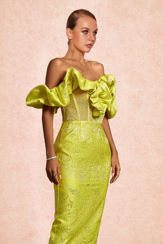 Best Offers of the Month!YELLOW OFF SHOULDER PLEATED MIDI BODYCON DRESS
