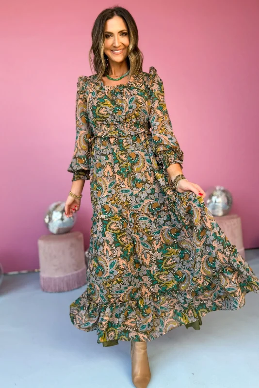 Special Offer – Act Fast!Olive Paisley Printed Square Neck Tiered Smocked Waist Maxi Dress