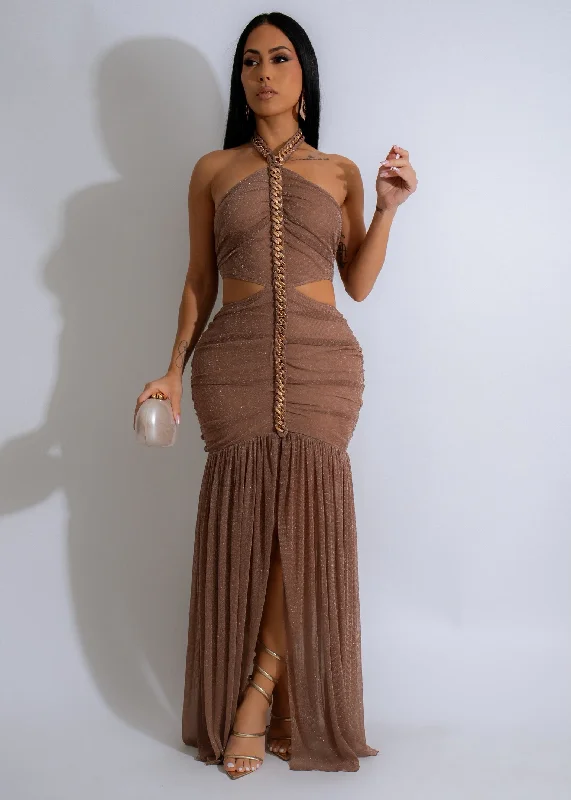 Price Drops You’ll Love!Radiant Chains Ruched Mesh Maxi Dress Brown