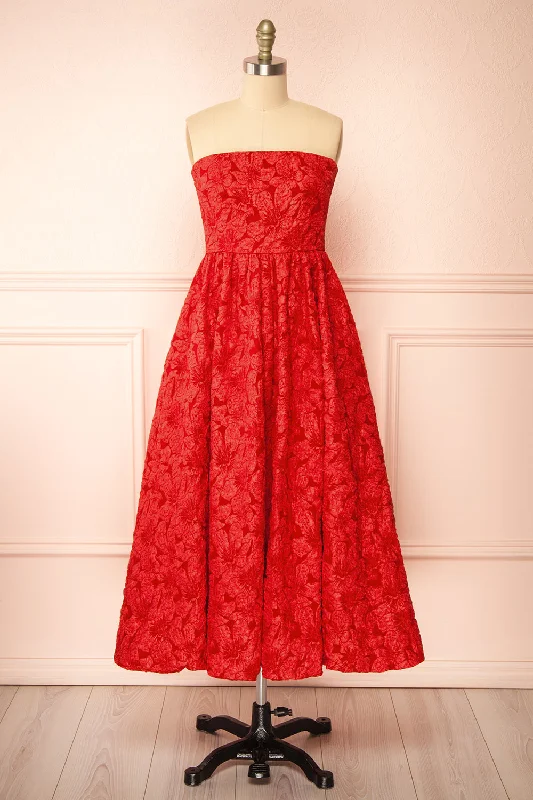 Don’t Wait – Deals Won’t Last!Reyna Red | Long Textured Floral Dress