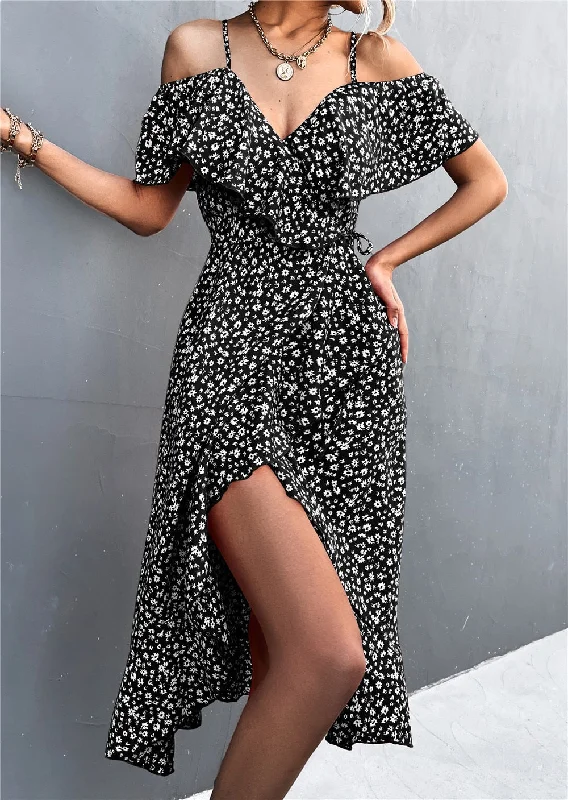 Steals and Deals Await!Rita Floral Backless Ruffle Slit Midi Dress