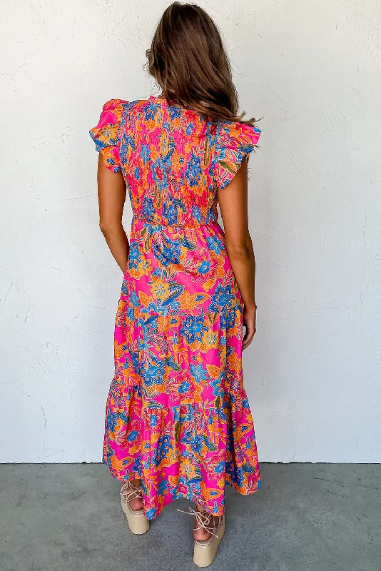 Everything Must Go!Rose Red Boho Floral V Neck Ruffle Tiered Long Dress