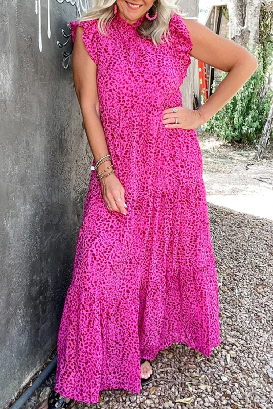 Buy More, Pay Less!Rose Red Leopard Print Ruffled Trim Tiered Maxi Dress