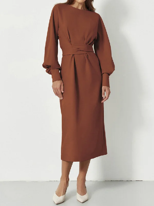 Shop Before It’s Gone!Sandy  O-Neck Long Lantern Sleeve Midi Dress