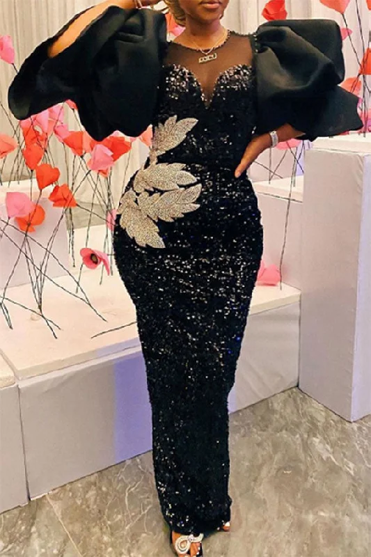 Buy More, Save More!Sequined Smart Puff Sleeve Maxi Dress