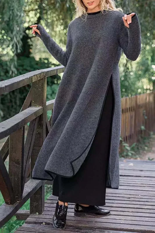 Find the Best Deals Here!Solid Color Crew Neck High Slit Dress