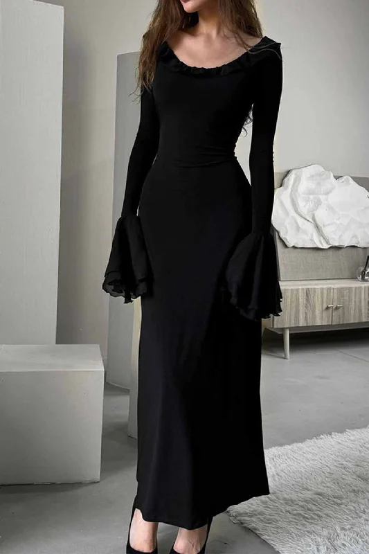 Shop More, Spend Less!Solid Color U Neck Bell Sleeve Midi Dress
