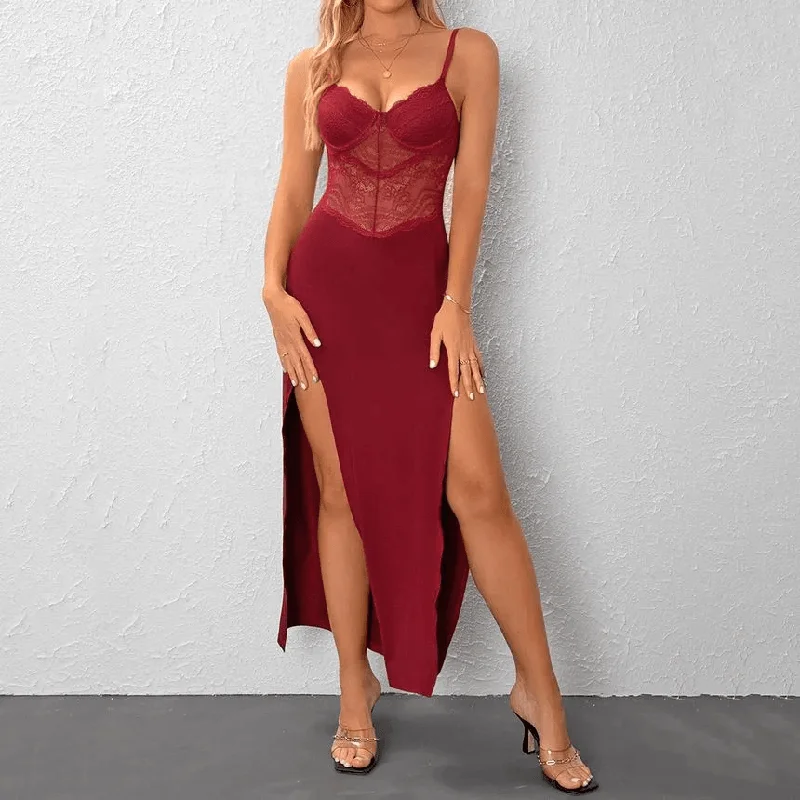 Buy More, Pay Less!KittenAlarm - Stella Spaghetti Strap Plain Slit Panel Lace Maxi Dress