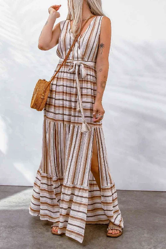 Buy More, Pay Less!Striped Tie Waist Slit Sleeveless Dress