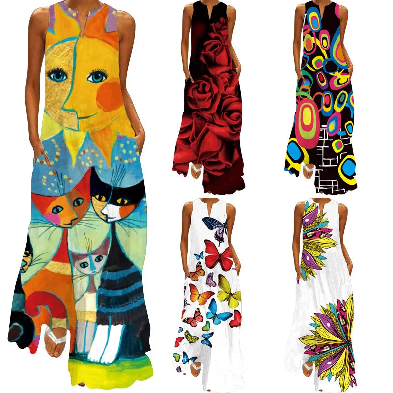 Find the Best Deals Here!Summer Women's Loose Waist Sleeveless V-neck Vintage Print Dress