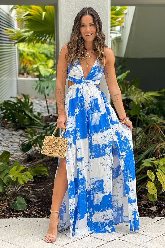 Today Only – Don’t Miss It!White And Blue Printed Maxi Dress With Cut Outs