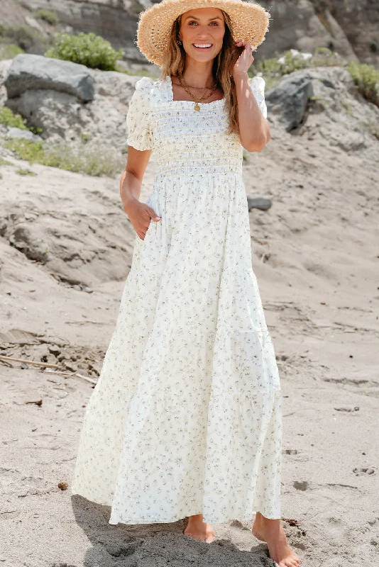 Every Deal is a Steal!White Frilly Shirred Bodice Tiered Floral Maxi Dress