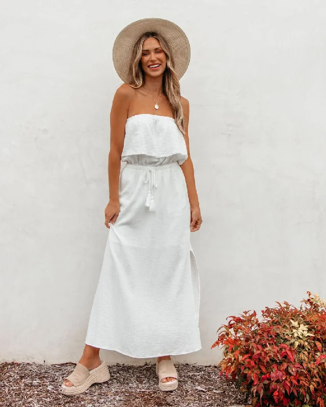 Score Big Savings Today!White Strapless Ruffled Maxi Dress - FINAL SALE