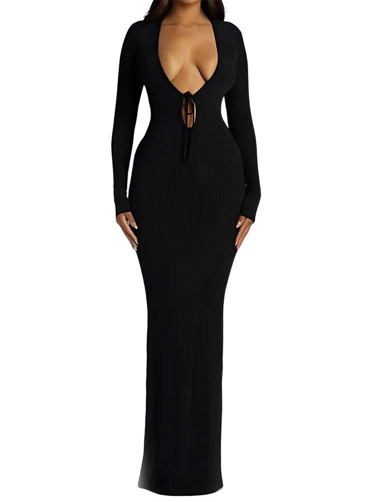 Shop the Hottest Deals!Amy Fashion - Women Ribbed Bodycon  Solid Color Low-Cut V-neck Tie-Up  Sleeve Spring Autumn Party Vestidos