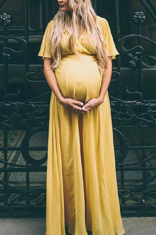 Seasonal Sale – Shop Now!Custom Yellow Short Sleeves Maternity Maxi Dress