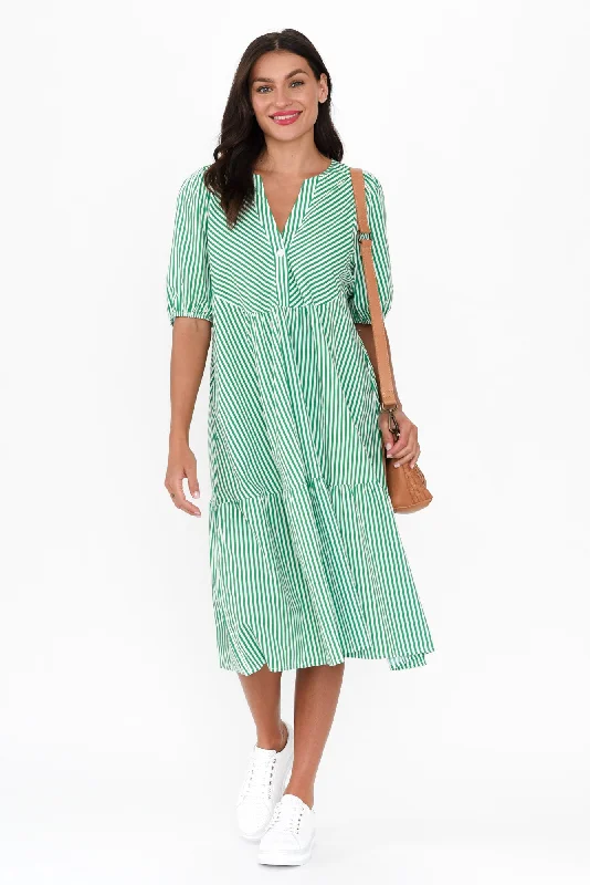 Your Best Deals Are Here!Zariah Green Stripe Cotton Tier Dress