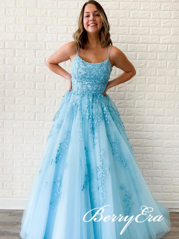 Mega Sale Happening Now!2021 Popular Blue Lace Prom Dresses, A-line Prom Dresses, Lace Prom Dresses