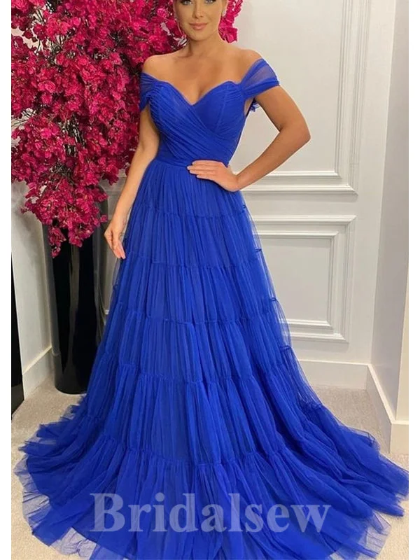Exclusive Savings This Week!A-line Blue Tulle Off the Shoulder New Best Modest Elegant Long Women Evening Prom Dresses PD904