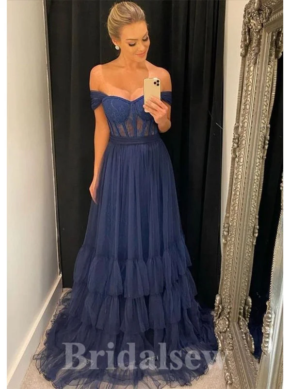 Limited-Time Price Drop!A-line Navy Blue Unique Off the Shoulder New Best Modest Elegant Long Women Evening Prom Dresses PD903