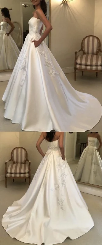 Savings You Can’t Ignore!A-line strapless lace embroidery satin wedding prom dresses with pockets    cg22751