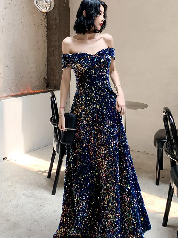 Instant Savings Await!A-line Thick Sequin Long Prom Dresses, Off Shoulder Long Prom Dresses, 2020 Prom Dresses