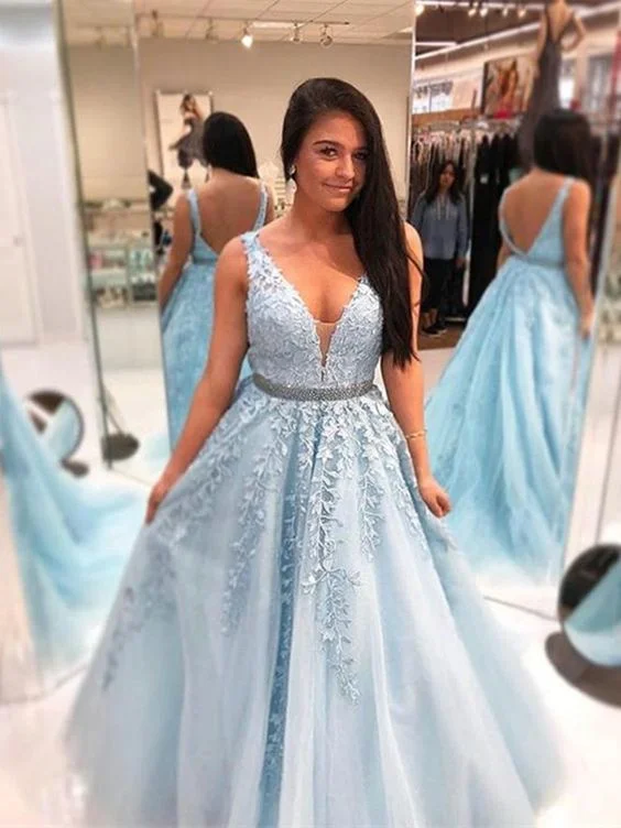 Everything Must Go!A Line V Neck Blue Lace Prom Dresses, Blue Lace Formal Dresses, Blue Lace Graduation Dresses      cg22723