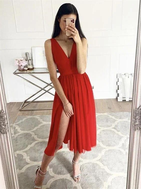 Today Only – Don’t Miss It!A Line V Neck Red Chiffon Tea Length Prom Dresses with Slit     cg22681