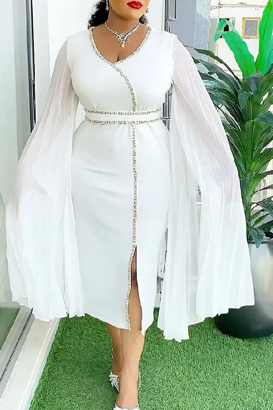 Special Discounts Inside!Beaded Decor Elegant Pleated Cape Sleeve High Split Midi Dress