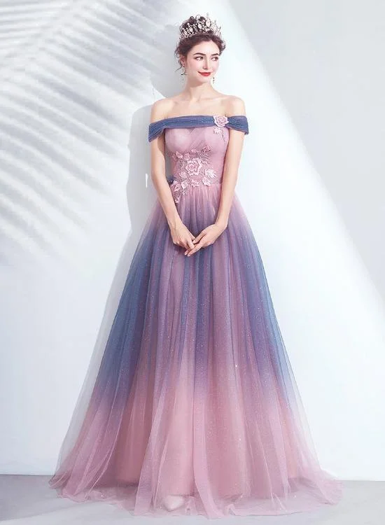 Get the Best for Less!Blue And Pink Tulle Shiny Gradient Off Shoulder Party Dress, A-Line Long Formal Evening Dress prom dress evening dress     cg22710