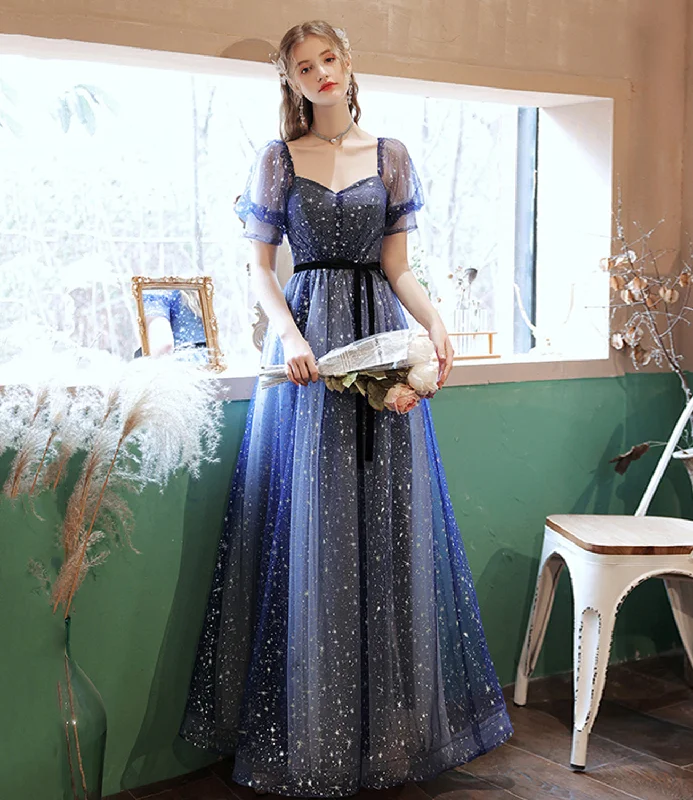 New Discounts Just Dropped!BLUE TULLE LONG A LINE PROM DRESS BLUE EVENING DRESS    cg22704