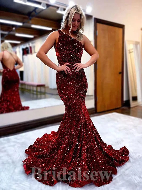 Don’t Wait – Shop Today!Burgundy Royal Blue Black Sequin Glitter Long Mermaid Sparkly One Shoulder Evening Prom Dresses PD930