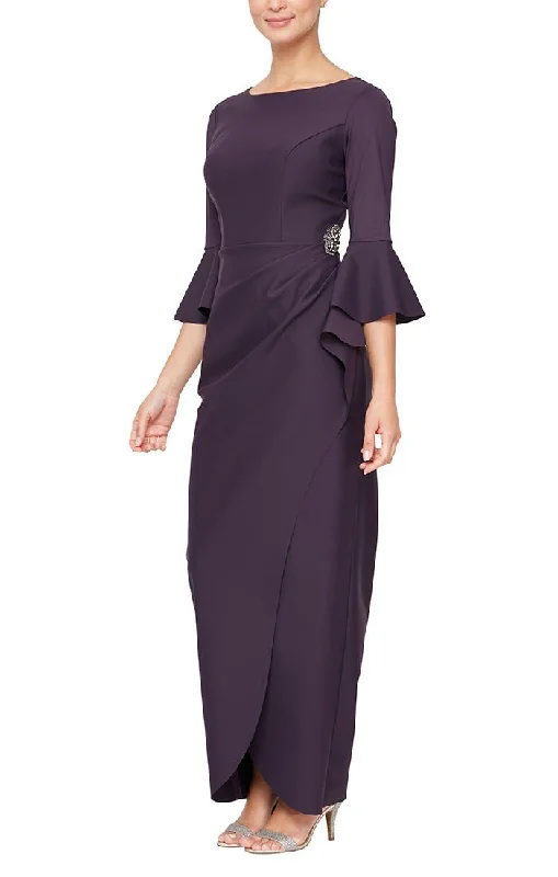 Biggest Sale of the Season!Compression Collection Long Sheath Dress with Bell Sleeves, a Cascade Ruffle Tulip Hem Skirt & Embellishment Detail at Hip