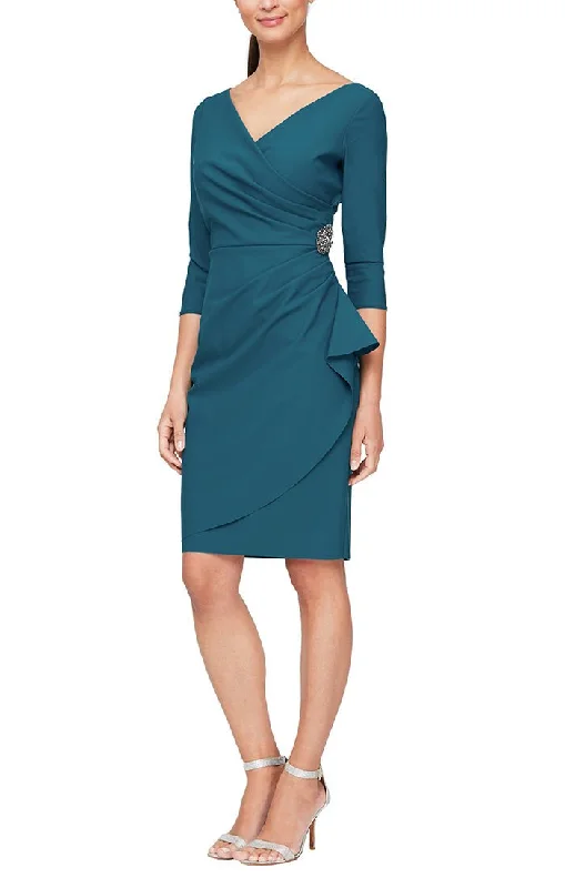 Your Best Deals Are Here!3/4 Sleeve Short Compression Collection Surplice Sheath Dress with Beaded Hip Detail & Cascade Ruffle Detail