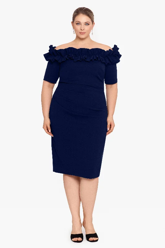 Steals and Deals Await!Plus "Brynleigh" Short Scuba Crepe Ruffle Top Dress