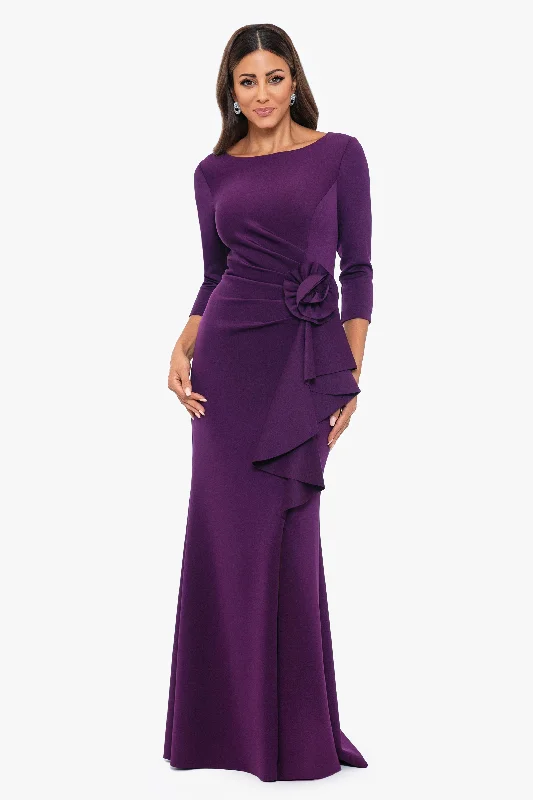 Price Drop Alert!"Cynthia" 3/4 Sleeve Scuba Crepe Floor Length Dress with Flower Detail