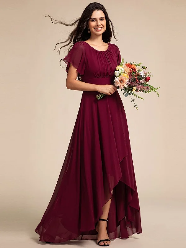 Shop Now and Save!Elegant Round Neckline Short Sleeve A-Line Chiffon Bridesmaid Dress