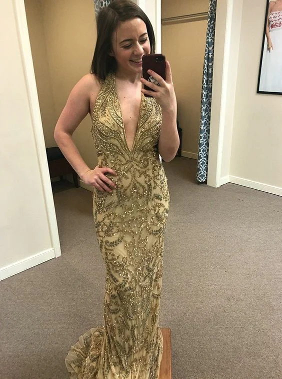 Save Up to 50% Off!Halter Gold Prom Dress Low Back Special Occasion Dress      cg22684