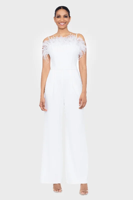 Your Favorite Items on Sale Now!"Janis" Long Scuba Crepe Feather Trim Jumpsuit