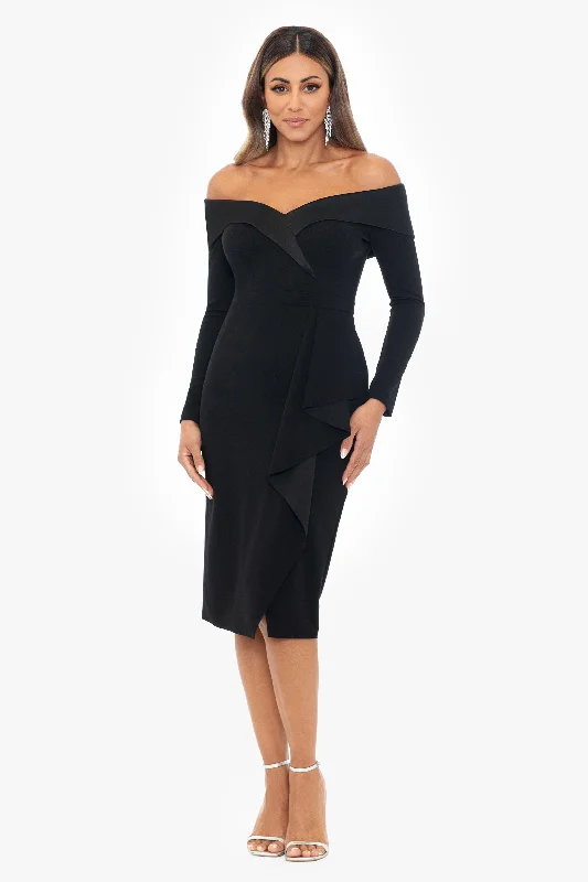 Stock Up and Save!"Kelsey" Short Scuba Crepe Off the Shoulder Long Sleeve Dress