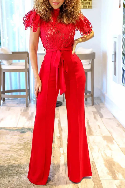 Don’t Wait – Shop Today!Lace Hollow-Out Elegant Belted Jumpsuit