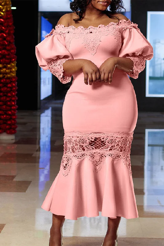 Buy More, Pay Less!Lace Patchwork Sweet Fishtail Midi Dress