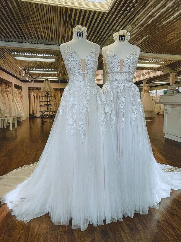 Instant Savings Await!LIGHT CHAMPAGNE V NECK TULLE LACE LONG PROM DRESS LACE FORMAL DRESS      cg22714
